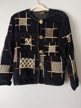 Allure Black Embroidered Geometric Boxy Jacket. Chenille. Beautiful